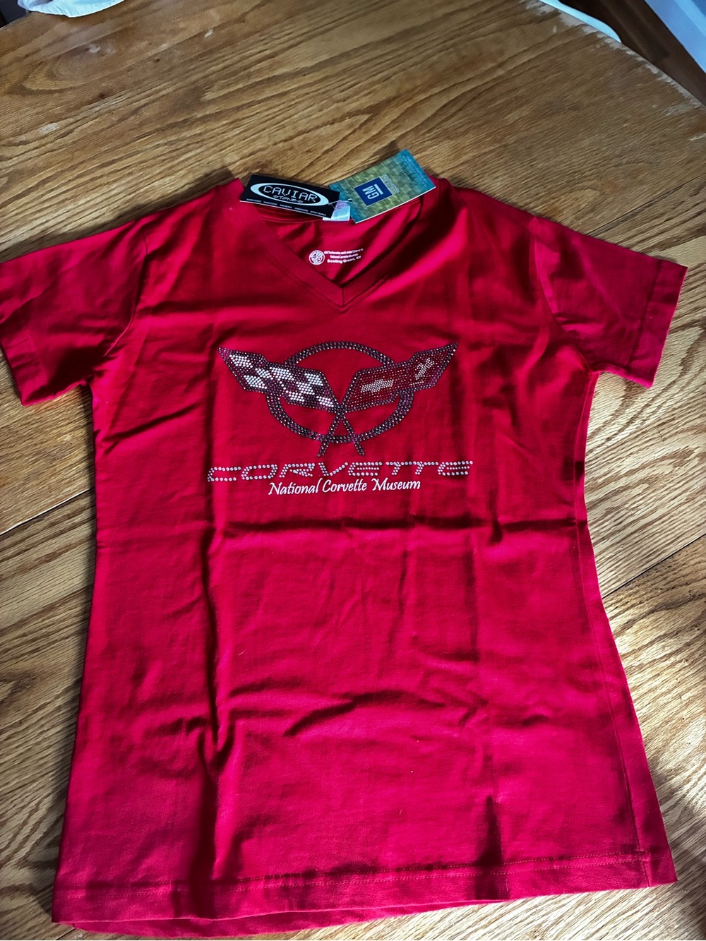 Women’s Red Corvette National Corvette Museum Rhinestone Tee Med